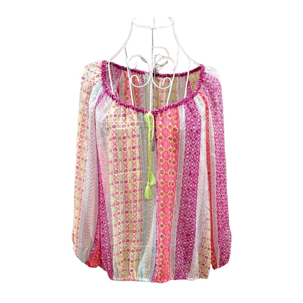Arizona Women’s Sheer Mixed Print Long Sleeve Tie Neck Boho Blouse Top Size Lg